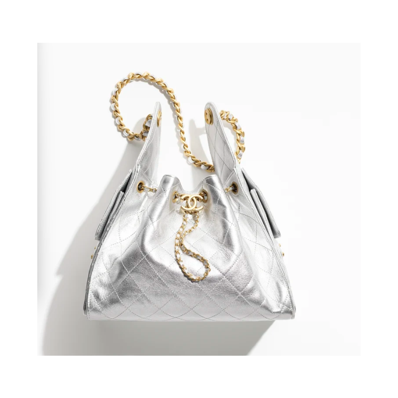 Chanel 25 Small handbag -Silver Grained leather 