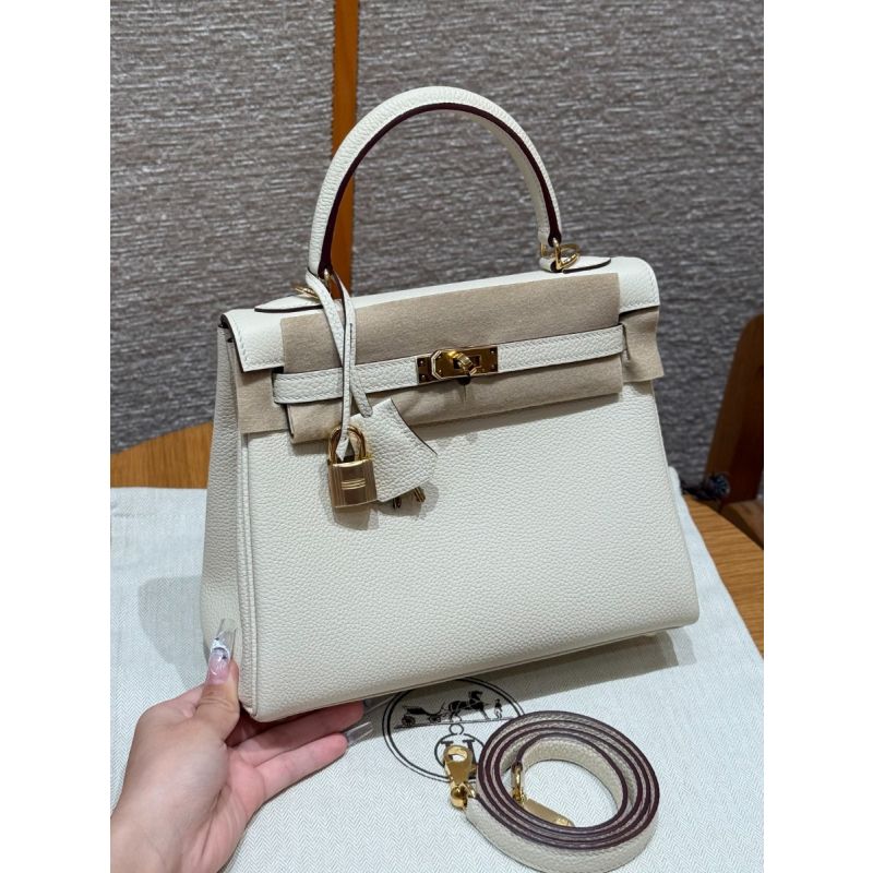 Hermes Kelly 25 / 28  in togo leather-Cream White